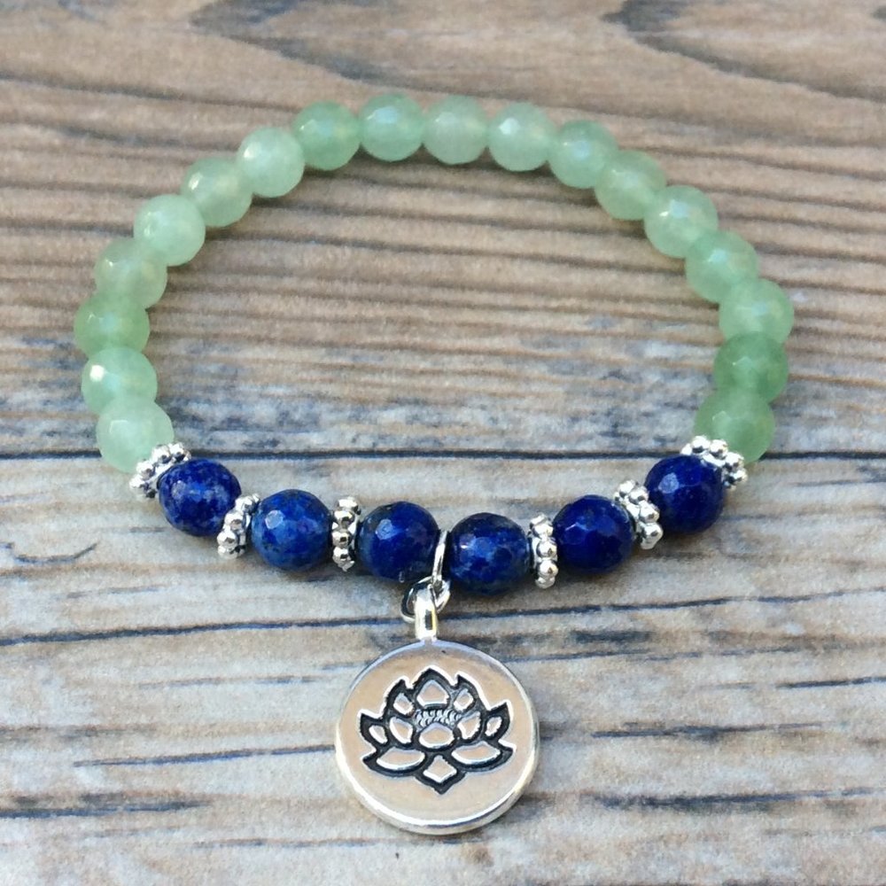 Aventurine bracelet with Lotus charm, Lapis, healing bracelet